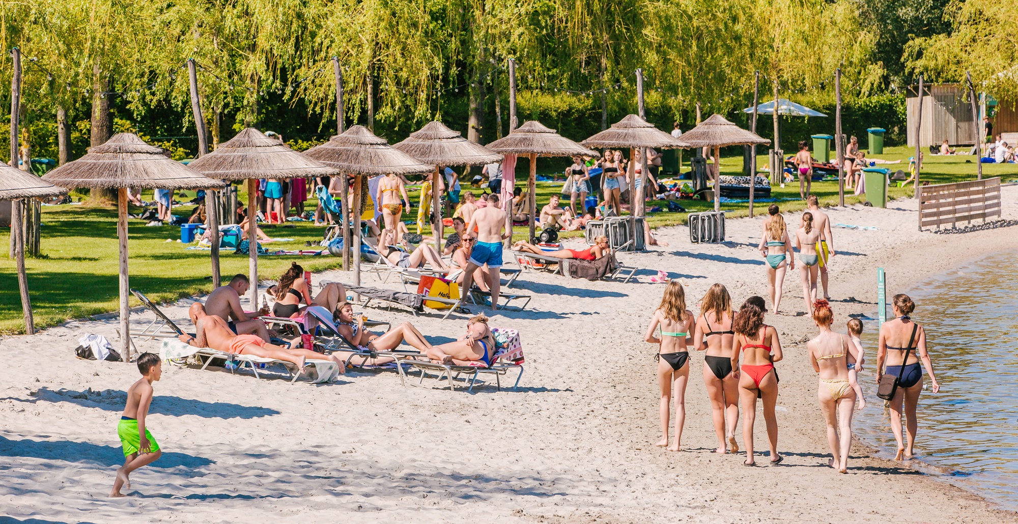 Zonnende en spelende bezoekers op het zandstrand van Fun Beach Event & Leisurepark in Panheel, met rieten parasols en groene ligweiden op de achtergrond.